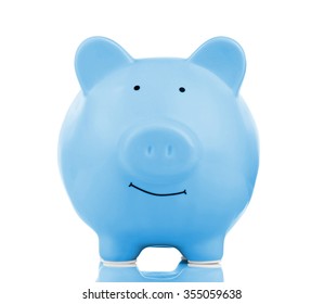 Blue Ceramic Piggy Bank Isolated On White