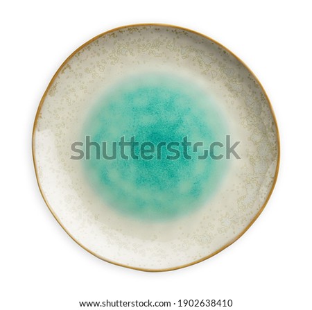 Blue ceramic plate, Empty plate with sea pattern, isolated on white background with clipping path, Top view                             