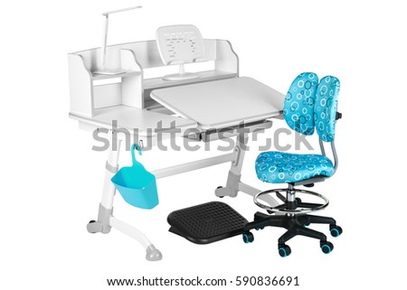 Blue chair, gray school table, blue basket, desk lamp and black support under legs on the white isolated background.