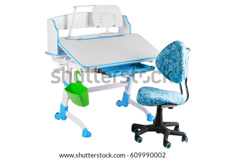 Blue chair, blue school table, green basket and desk lamp on the white isolated background.