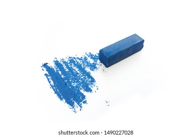 Blue Chalk For Drawing. Bright Color Of Dry Pastel On A White Surface. Smooth Stroke Line Drawing. Artists And Children's Art Supplies Isolated On White. Stain Drawn On Paper