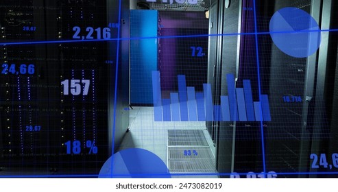 Blue charts and graphs processing data over glowing servers in dark computer server room. Communication, data and digital interface technology, digitally generated image.