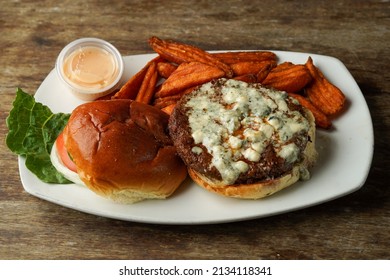 Blue Cheese Burger With Sweet Potato Fries