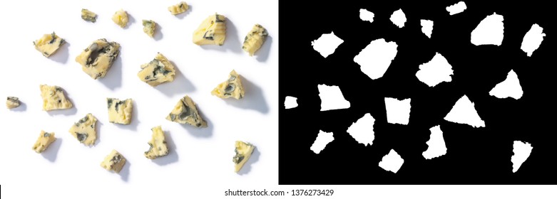 Blue Cheese Crumbles, Top View, Isolated On White