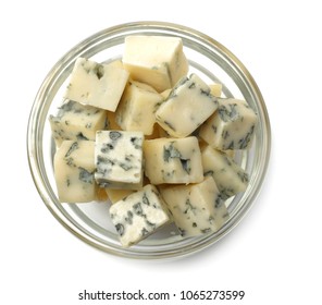 Blue Cheese In Glass Bowl Isolated On A White Background. Top View