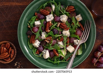 Blue Cheese, Grape And Nuts Salad. Wooden Background, Top View