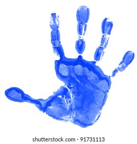 Blue Child Handprint Isolated On White Background