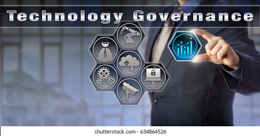 Blue Chip Business Administrator Is Activating Technology Governance Via A Virtual Control Matrix. Industry And Public Policy Concept For Controlling And Directing Use Of Industrial Technology.