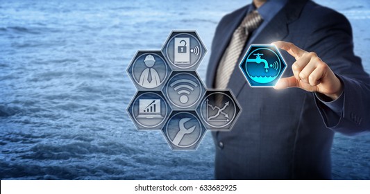 Blue Chip Civil Engineer Plugging A Smart Water Metering Icon Into A Virtual Monitoring App. Concept For Water Resource Management, Water Efficiency, Environmental Engineering And Water Conservation.