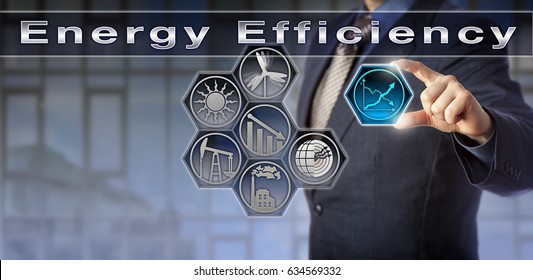 Blue Chip Consultant Is Presenting On Energy Efficiency Via A Virtual Touch Screen Interface. Industry Concept For Efficient Energy Use, Energy Conservation And Reduction Of Energy Requirements.