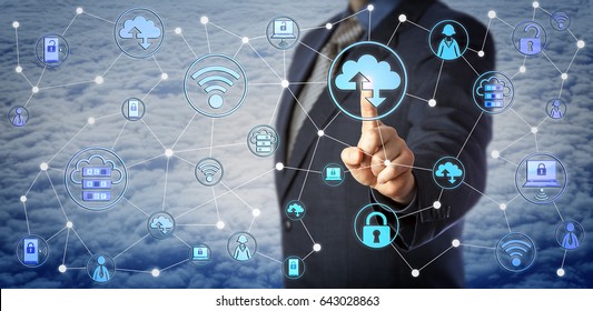 Blue Chip Corporate Client Is Touching A Cloud Computing Icon In A Virtual Network. Internet Concept For Enterprise Mobility Management, Mobile IT, BYOD, Cloud Storage, Backup And Data Recovery.