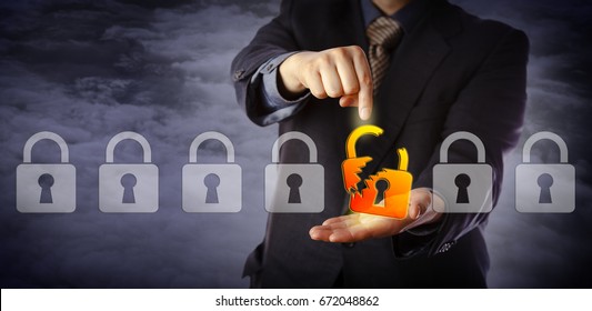 Blue Chip Cyber Security Manager Is Pointing Out A Broken Virtual Padlock In A Lineup Of Otherwise Intact Locks. Information Technology Concept For Data Security Breach, Cyber Risk And Hacker Attack.