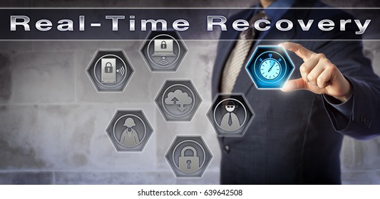 Blue Chip Disaster Recovery Planner Managing Business Operations Via Real-Time Recovery. Concept For Server Data Recovery Within Minutes, Business Continuity Planning And Improved Recoverability.