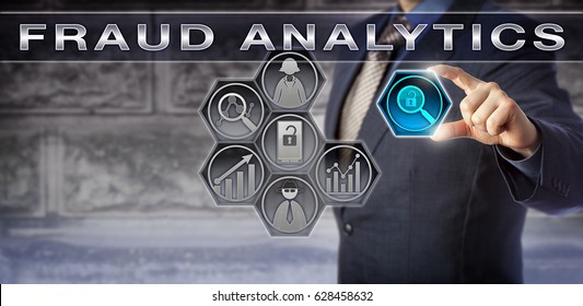 Blue Chip Enterprise Consultant Or Forensic Investigator Is Activating FRAUD ANALYTICS Tools Via A Virtual Interface. Information Technology Concept For Fraud Investigation And Case Management.