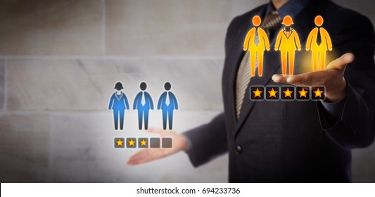 Blue chip HR manager is contrasting an outstanding, five star, mixed gender work team with an employee team rated with only three stars. Business concept team building, talent and performance review.