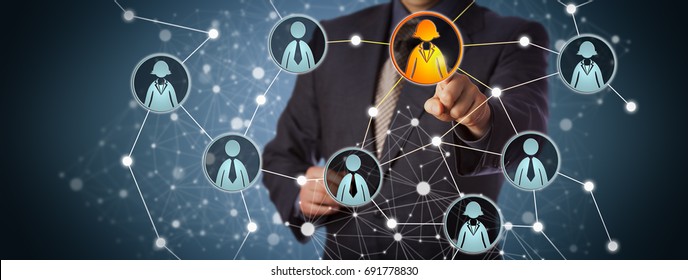 Blue Chip Manager Contacting A Businesswoman In A Professional Social Network. Internet Concept For Global Interconnection, Recruiting, Talent Acquisition, Business Technologies And Networking.