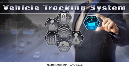 Blue chip manager locating a car via a virtual Vehicle Tracking System user interface. Service industry concept for fleet management, asset tracking, stolen vehicle recovery and surveillance.