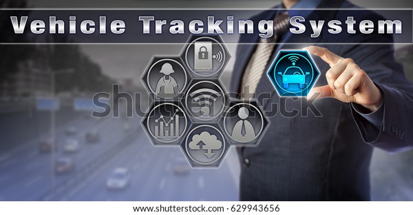 Blue chip manager locating a car via a\
virtual Vehicle Tracking System user interface. Service industry\
concept for fleet management, asset tracking, stolen vehicle\
recovery and surveillance.