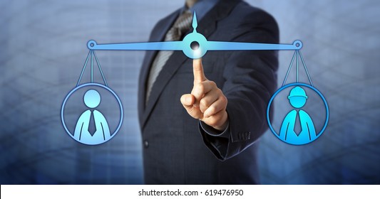 Blue Chip Manager Mediating Between A White Collar Employee And A Blue Collar Worker. Both Staff Icons Do Balance Out On A Virtual Weighing Scale. Concept For Conflict Mediation, Performance Review.