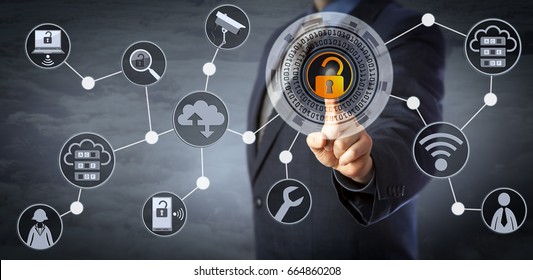 Blue chip manager is unlocking a virtual locking mechanism to access shared cloud resources. Internet concept for identity & access management, cloud storage, cybersecurity and managed services. 