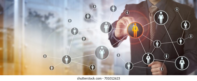 Blue chip recruitment agent highlighting a male white collar worker in a virtual network. HR concept for search for talented employees, qualified staff, marketing and peer to peer networking. - Shutterstock ID 701012623