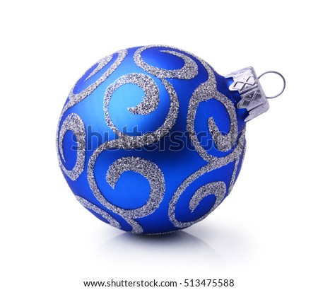 Blue Christmas ball with silver ornament isolated on white background