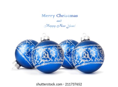 Blue Christmas Balls With Silver Ornament Isolated On White Background