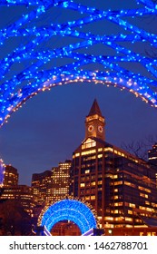 Blue Christmas Lights Adorn A Trellis In Downtown Boston