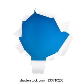 Blue circle shape breakthrough paper hole on white background