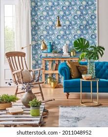 Blue Classic Sofa Furniture Home Design And Wood Rocking Chair, Gold Lamp And Middle Table, Palette Bookshelf, Vase Of Green Plant And Home Accessory Style,interior Decor.