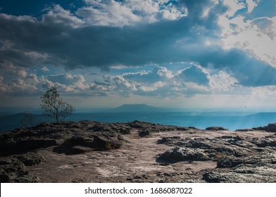 Blue Cloudy Sky With A Tree On Rocky Landscape