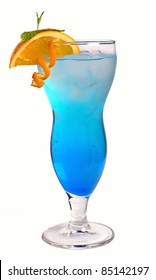 blue cocktail with ice and orange isolated