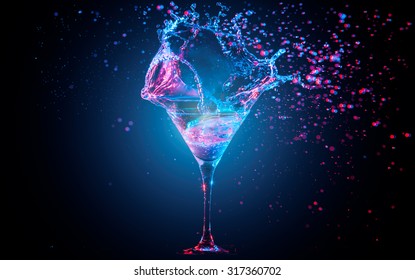 Blue Cocktail With Splashing Water On The Black Background. Party Club Entertainment. Mixed Light