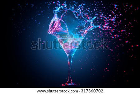 Blue cocktail with splashing water on the black background. Party club entertainment. Mixed light
