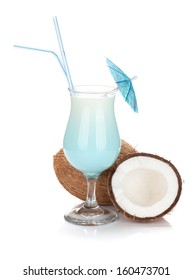 Blue Coconut Cream Cocktail. Isolated On White Background