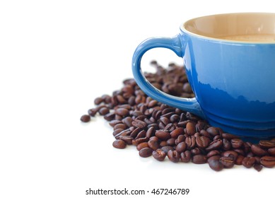 Blue Coffee Cup Next And Roasted Beans Isolated On White