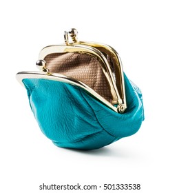 Blue Coin Purse Isolated On White Background. Open Empty Female Wallet. Saving Money Concept. Object With Clipping Path