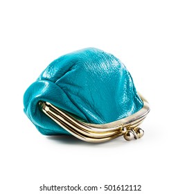 Blue Coin Purse Isolated On White Background. Closed Female Wallet. Saving Money Concept. Object With Clipping Path