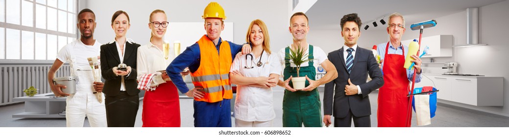 Blue Collar Worker And Business Team In Front Of An Apartment Loft