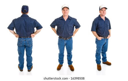 Blue Collar Worker.  Three Full Body Views With Different Perspectives And Expression, Isolated On White Background.