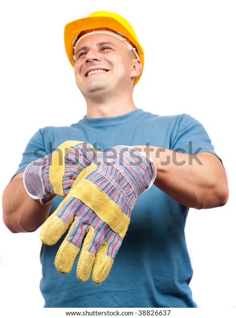 Blue Collar Worker Yellow Helmet Putting Stock Photo (Edit Now) 38826637