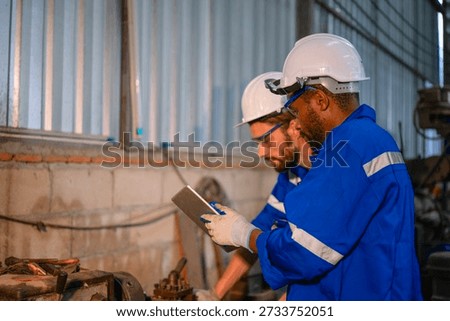 Blue collar workers are working at machine shop. Engineering and metal work concept.