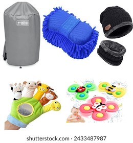 Blue color Car wash sponge, weber grill cover, winter hat scarf set, suction cup spinner and hand finger plush puppet gloves 