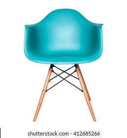 Blue Color Chair, Modern Designer Chair Isolated On White Background. Plastic Chair Cut Out. Series Of Furniture