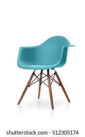 Blue Color Chair, Modern Designer Chair Isolated On White Background. Plastic Chair