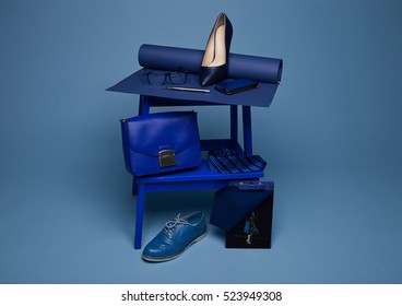 Blue Color Fashion Style Still Life Setup On Blue Background