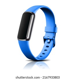 Blue color Fitbit luxe fitness and wellness tracker isolated on white