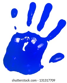 Blue Color Hand Print Isolated On A White  Paper Background