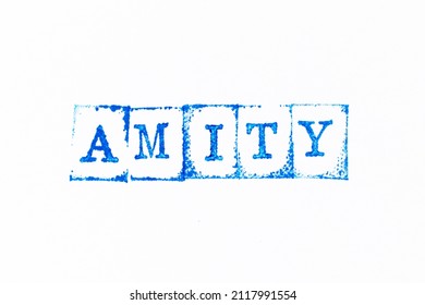 Blue color ink rubber stamp in word amity on white paper background - Shutterstock ID 2117991554
