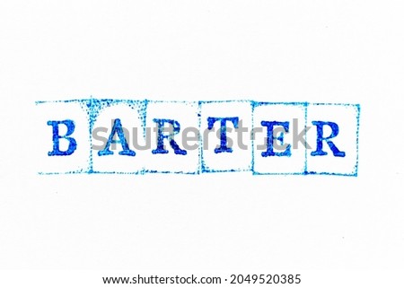 Blue color ink rubber stamp in word barter on white paper background